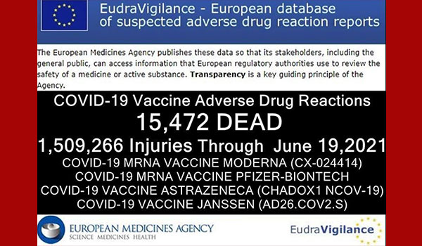 Stav nežádoucích účinků při vakcinaci na Covid k 19.6. 21 v EU. 15 472 mrtvých 1,5 milionu poškozených