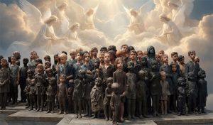 Group of life-size statues of children standing on a stone platform, with ethereal angels hovering in a cloudy sky above. | Čítárny